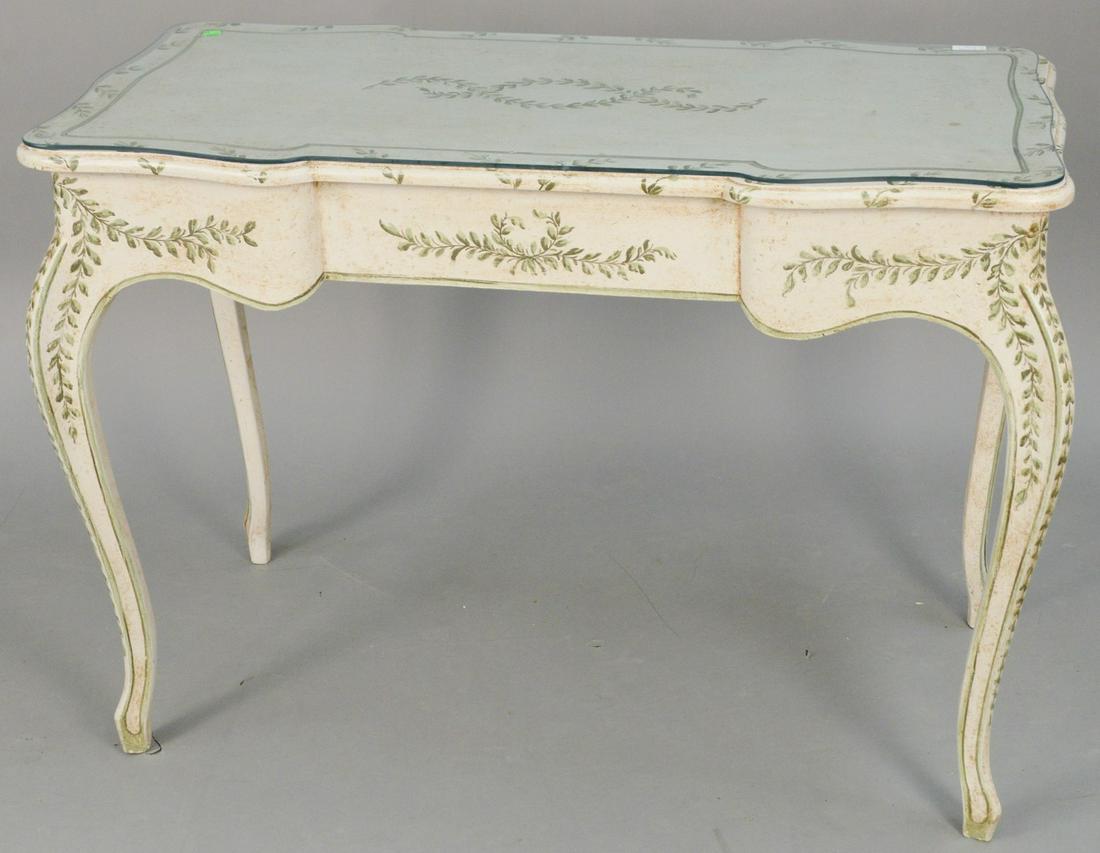 Two piece lot to include paint decorated Louis XV style: Two piece lot to include paint decorated Louis XV style vanity with three drawers and glass top along with a side chair. ht. 30 1/2 in., top: 21 1/2" x 42". Provenance: Estate of William and Teresa Pa