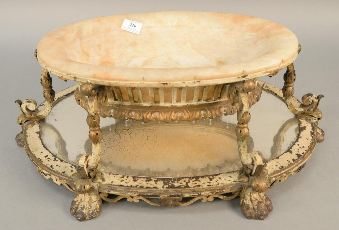 Large Victorian iron mirror plateau with claw feet: Large Victorian iron mirror plateau with claw feet having alabaster oval bowl. ht. 9 in., lg. 24 in. Provenance: Former home of Mel Gibson, Old Mill Rd, Greenwich, CT