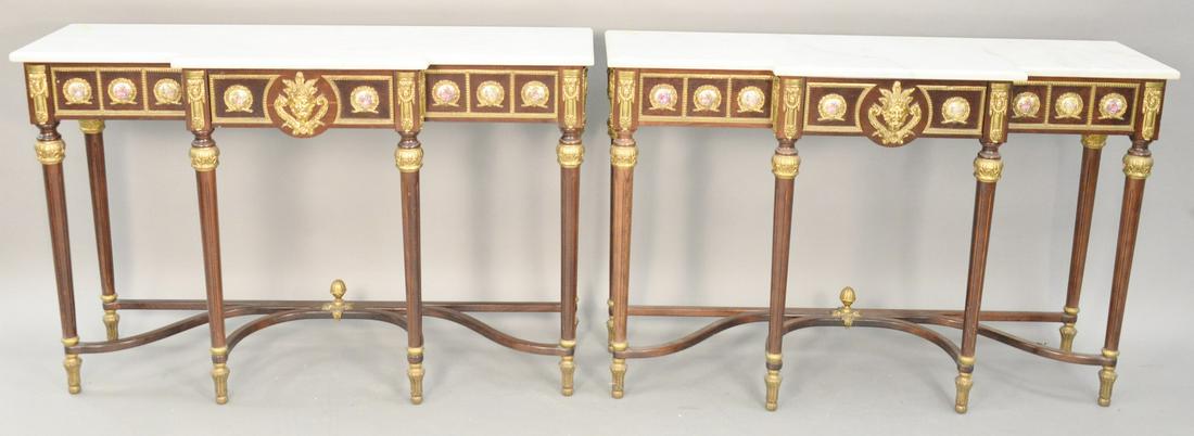 Pair of Louis XVI contemporary marble top console: Pair of Louis XVI contemporary marble top console tables. ht. 33 1/2 in., wd. 50 in., dp. 16 in.