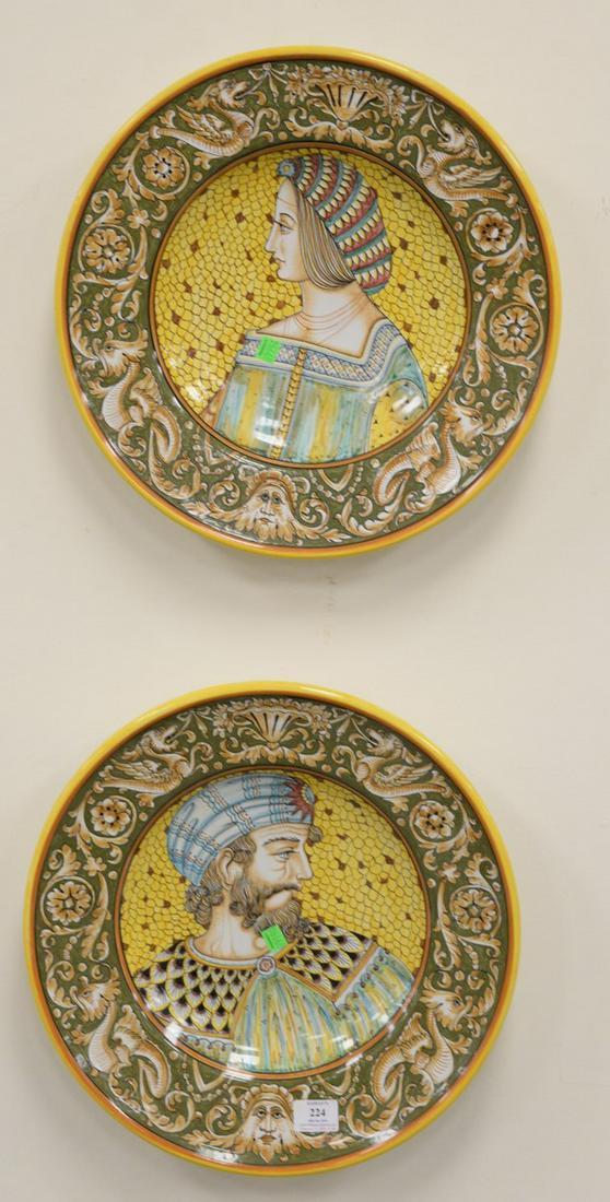 Four large Majolica Deruta Dipinto Amano chargers ,: Four large Majolica Deruta Dipinto Amano chargers , painted, Buste signed on back. dia. 17 in. Provenance: Former home of Mel Gibson, Old Mill Rd, Greenwich, CT