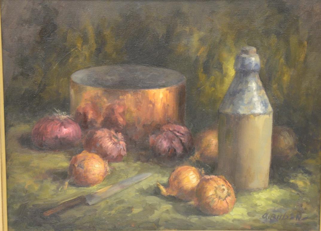 Albert Ruben (1918-2011), oil on canvas, "Still life: Albert Ruben (1918-2011), oil on canvas, "Still life with Copper Pot and Onions", Rockport, Mass., LR A. Reuben (titles on back), 18 x 24.