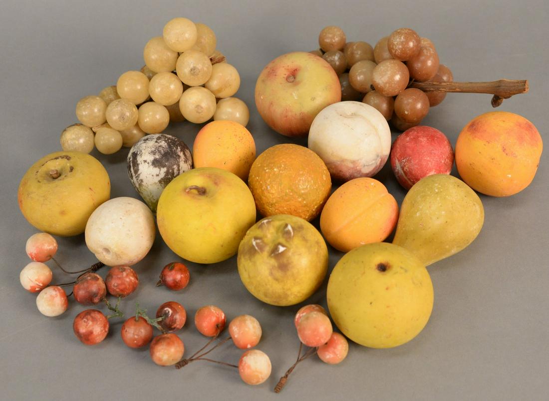 Group of assorted alabaster painted carved fruit. grape: Group of assorted alabaster painted carved fruit. grapes lg. 8 1/2 in. Provenance: Former home of Mel Gibson, Old Mill Rd, Greenwich, CT.