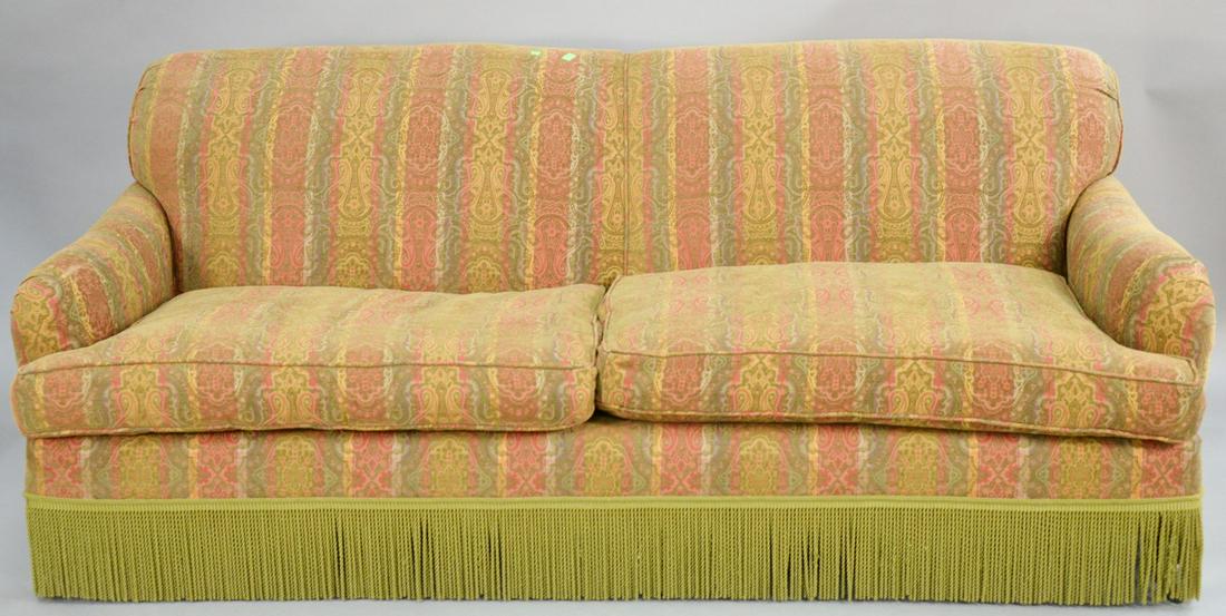 Custom upholstered sofa. ht. 86 in., lg. 36 in.: Custom upholstered sofa. ht. 86 in., lg. 36 in. Provenance: Former home of Mel Gibson, Old Mill Rd, Greenwich, CT