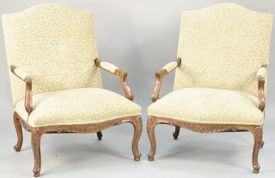 Pair of Louis XV style upholstered arm chairs. ht. 42: Pair of Louis XV style upholstered arm chairs. ht. 42 in., wd. 31 1/2 in. Provenance: Former home of Mel Gibson, Old Mill Rd, Greenwich, CT