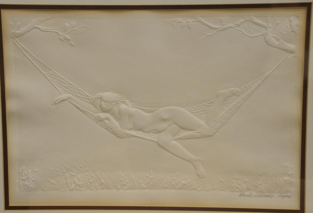 Bruno Lucchesi, cast paper bas relief, nude in a: Bruno Lucchesi, cast paper bas relief, nude in a hammock, pencil signed lower right Bruno Lucchesi 122/125. plate size 9 1/2" x 14 1/2". Provenance: The Estate of Ed Brenner, Short Hills N.J.