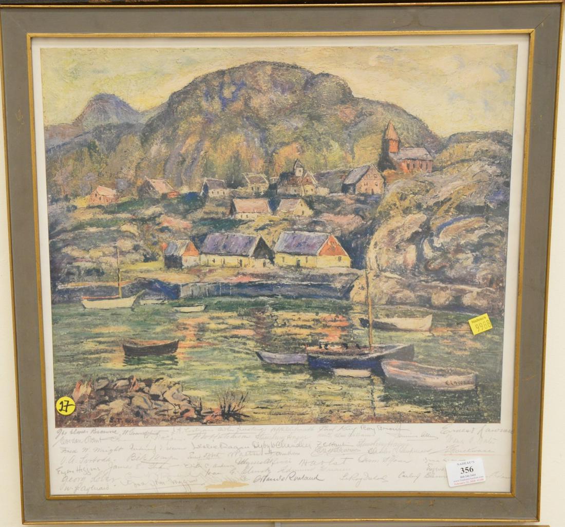 Ernest Lawson pencil signed print, mountainous village: Ernest Lawson pencil signed print, mountainous village cove, pencil signed by many artists including Ernest Lawson, Roy Brown, Eugene Higgins, Fred Wright, Rowland, Warren, Wright, Hutchinson, William