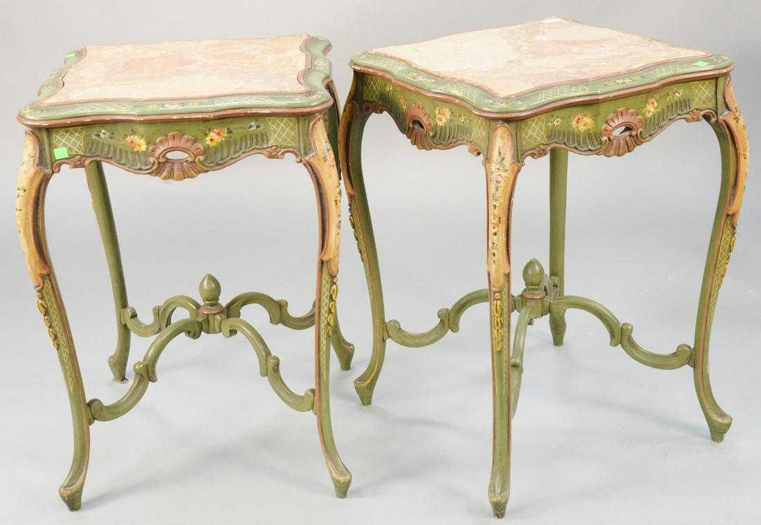 Pair of paint decorated tables each with inset marble: Pair of paint decorated tables each with inset marble tops and x stretchers. ht. 29 in., top: 20 1/2" x 20 1/2". Provenance: Former home of Mel Gibson, Old Mill Rd, Greenwich, CT