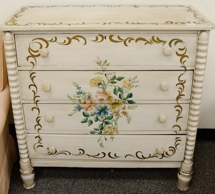 Painted four drawer cottage chest. ht. 39 in., wd. 38: Painted four drawer cottage chest. ht. 39 in., wd. 38 in. Provenance: Former home of Mel Gibson, Old Mill Rd, Greenwich, CT