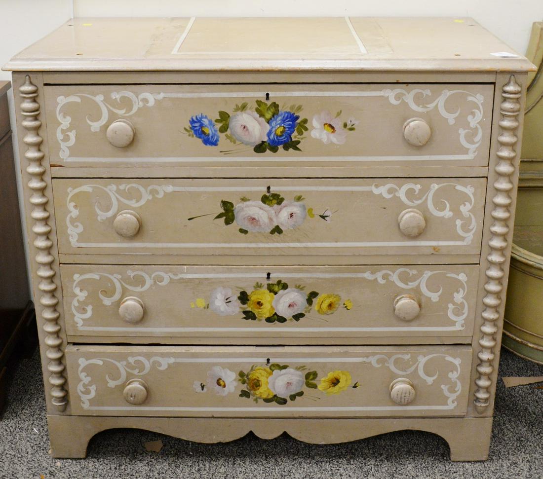 Pine painted decorative four drawer chest, four holes: Pine painted decorative four drawer chest, (four holes in top). ht. 35 1/2 in., wd. 39 in. Provenance: Former home of Mel Gibson, Old Mill Rd, Greenwich, CT