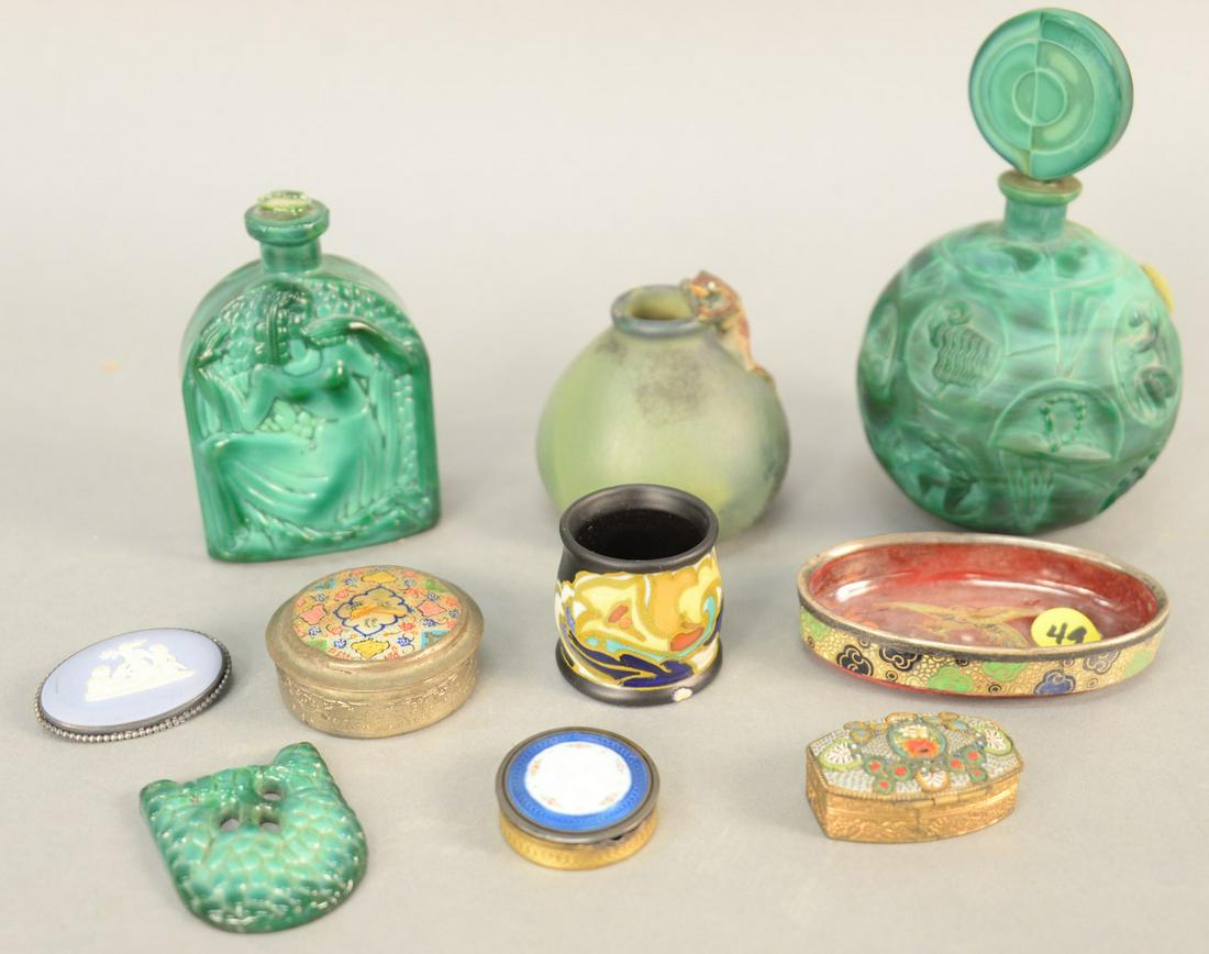 Small group of assorted items to include two malachite: Small group of assorted items to include two malachite glass perfume bottles, three boxes, pin, oval tray green glazed vase with frog and a toothpick holder. Provenance: The Estate of Ed Brenner, Shor