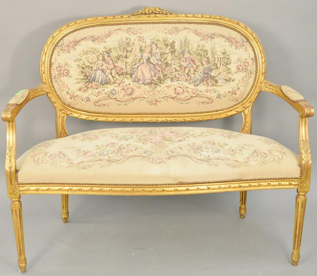 Louis XVI style loveseat with tapestry upholstery. ht.: Louis XVI style loveseat with tapestry upholstery. ht. 39 1/2 in., wd. 47 in.