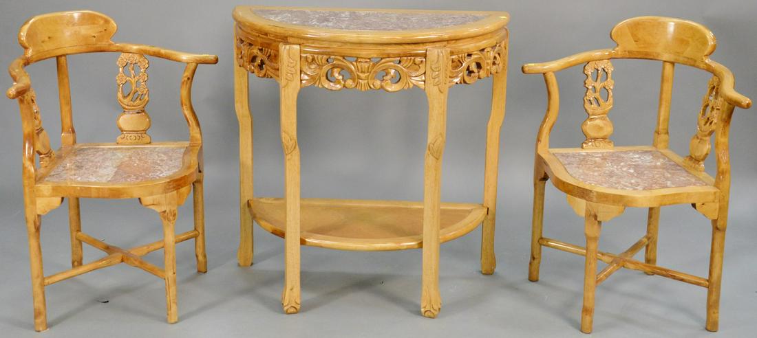 Three piece Chinese style set to include two corner: Three piece Chinese style set to include two corner chairs and demilune table each with inset marble tops. table ht. 29 in., wd. 37 in.