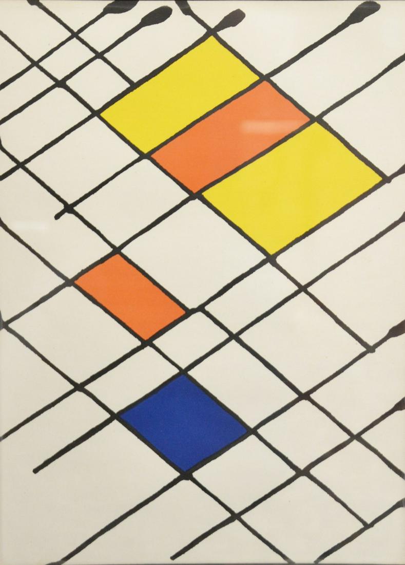 Alexander Calder, colored lithograph, Red, Blue and: Alexander Calder, colored lithograph, Red, Blue and Yellow, unsigned, National Art Gallery New York Label on back. sight size: 14 1/2" x 10". Provenance: The Estate of Ed Brenner, Short Hills N.J.