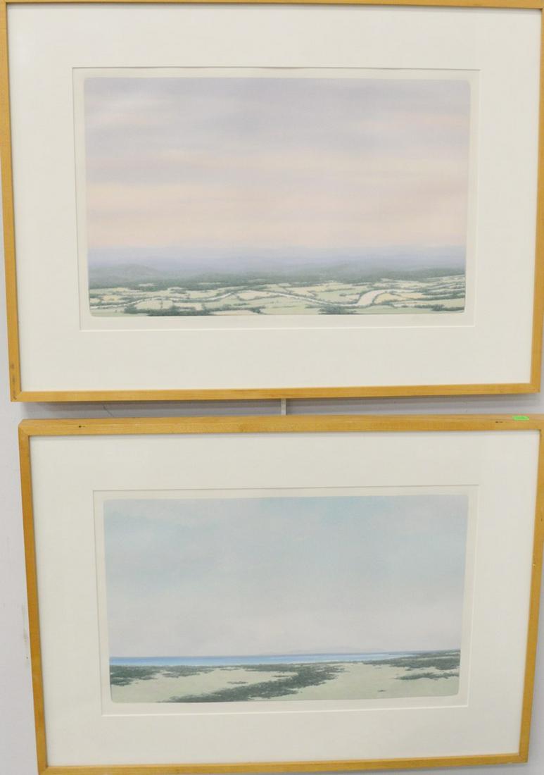 Three Alleyne Howell, 20th century, colored plexiglass: Three Alleyne Howell, 20th century, colored plexiglass plate etching/monoprint, Eucning Fields-Connecticut River, Farmhouse in Tuscany, and Caribbean Blues, all pencil signed. sight size:13" x 20 1/2"