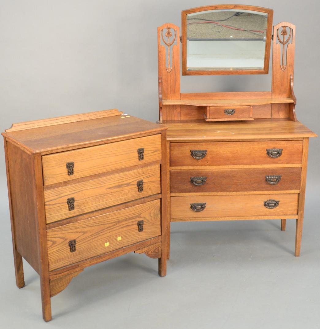 Two oak chest of drawers, one with a mirror.: Two oak chest of drawers, one with a mirror. Provenance: Former home of Mel Gibson, Old Mill Rd, Greenwich, CT