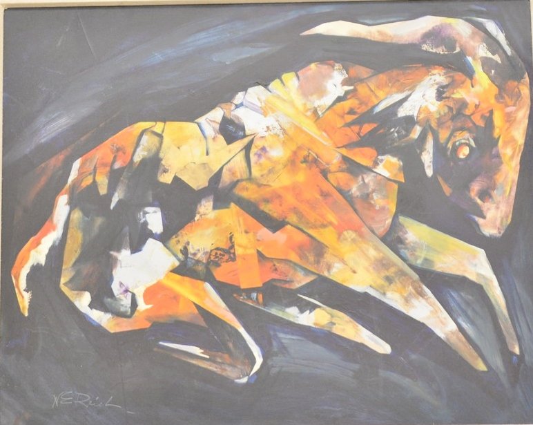 Three Nathaniel Reich oil on boards, landscape with riv: Three Nathaniel Reich oil on boards, landscape with river, cock fighting, and an abstract animal, all signed N.E. Reich. animal 24" x 30", landscape and cock fighting 24" x 30".