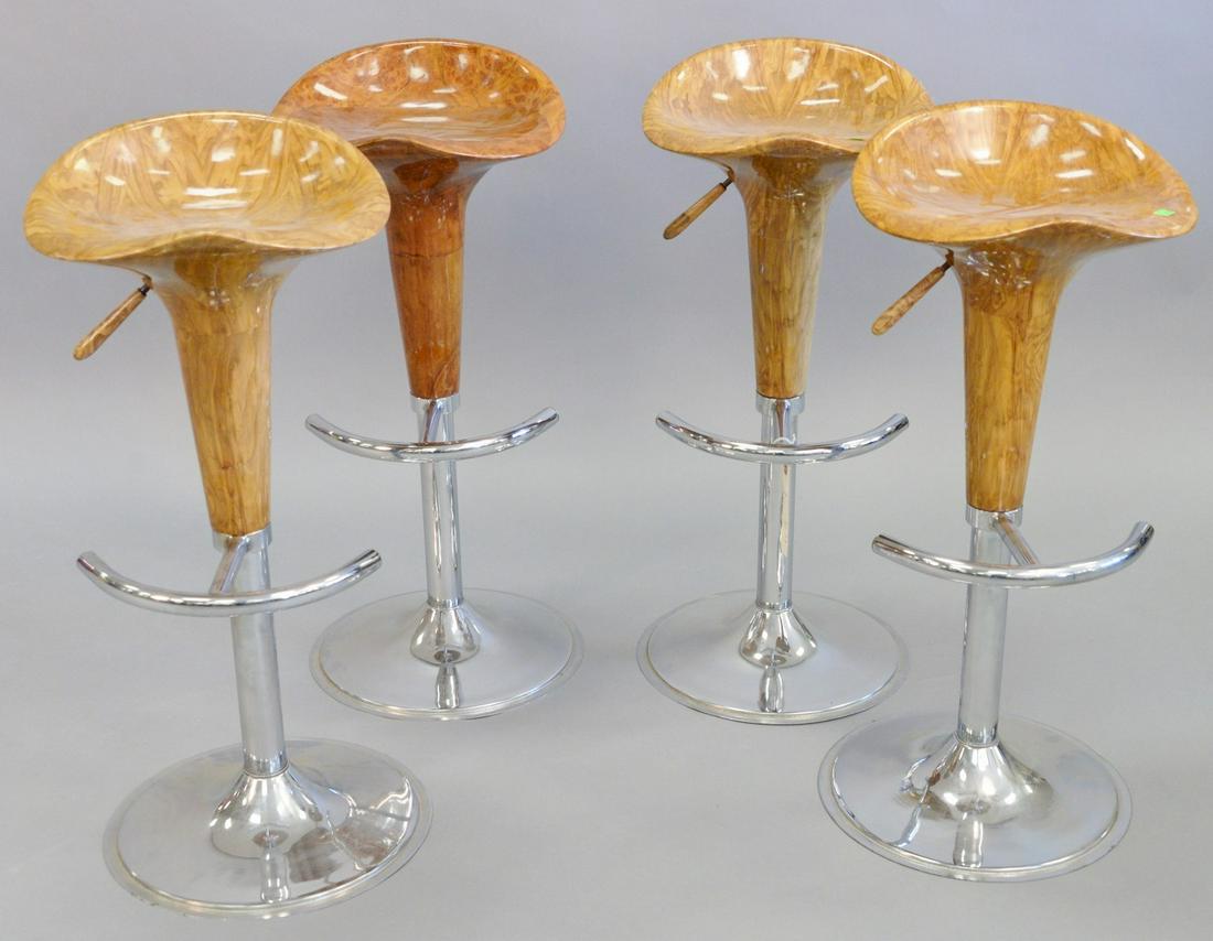 Set of four Modern/Deco swivel bar benches, chrome: Set of four Modern/Deco swivel bar benches, chrome base, adjustable, 34" h.