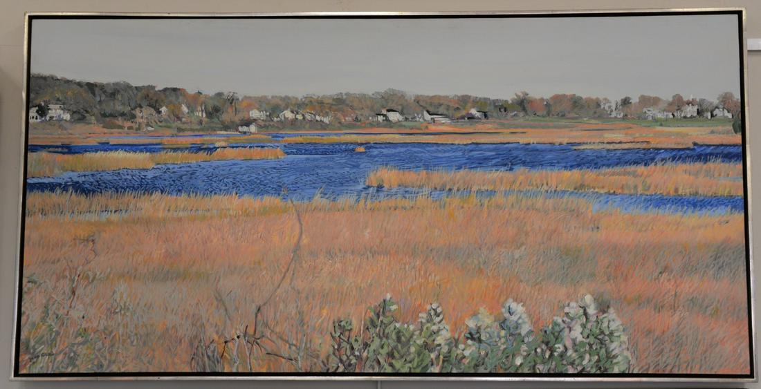 Jane Ritchie (1927 - 2000), fall marsh landscape, oil: Jane Ritchie (1927 - 2000), fall marsh landscape, oil on canvas, signed lower left "Jane Ritchie", 30" x 60", Provenance: Property from the Credit Suisse Collection.