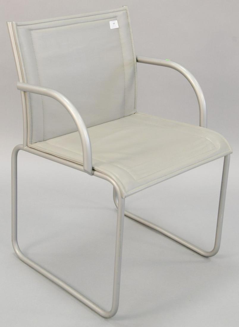 Knoll International gray leather armchair with metal: Knoll International gray leather armchair with metal arms and legs, seat 18" h. Provenance: The Estate of Andrew Wolf, New Haven, CT, Arts Chief.