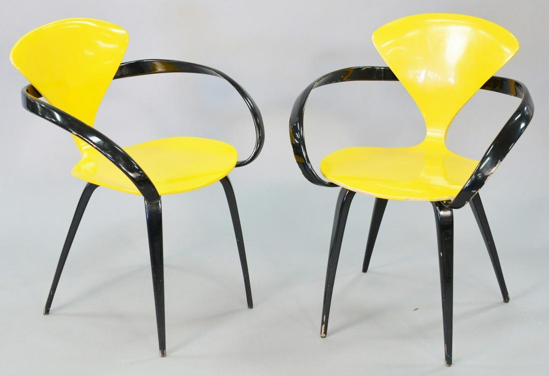 Pair of Mid-Century Norman Cherner for Plycraft pretzel: Pair of Mid-Century Norman Cherner for Plycraft pretzel chairs painted yellow and black, 31" h.