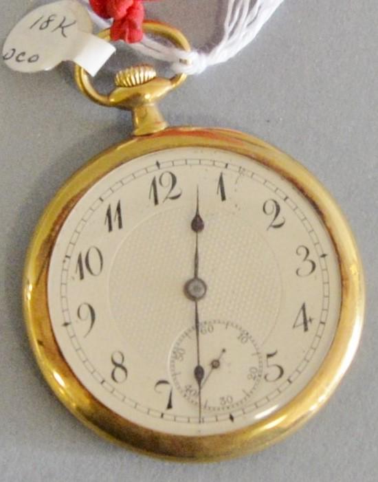 18k gold open face pocket watch, 17 jewel, 44mm, 1.4: 18k gold open face pocket watch, 17 jewel, 44mm, 1.4 t.oz. total weight.