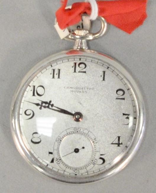 18k white gold Movado Chronometre open face pocket: 18k white gold Movado Chronometre open face pocket watch, works marked Movado FY, 17 jewel, Switzerland, 41.8 mm total weight, 1.2 t.oz.
