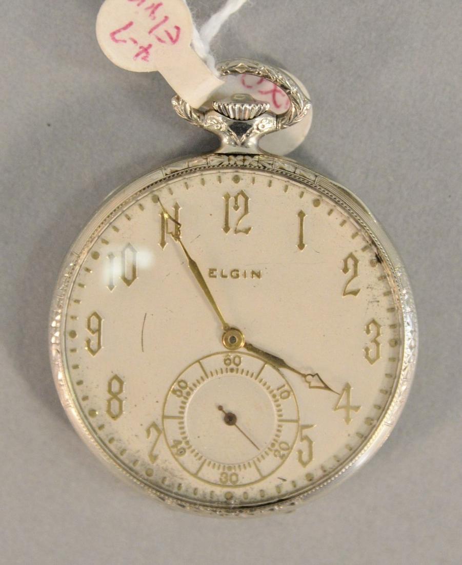 14k white gold Elgin open face pocket watch, 43.5 mm,: 14k white gold Elgin open face pocket watch, 43.5 mm, total weight 1.6 t.oz.