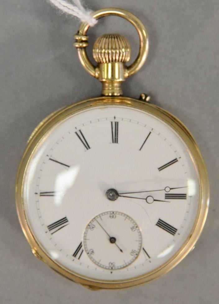 14k gold open face pocket watch case marked E. Bronner: 14k gold open face pocket watch case marked E. Bronner & Co., spiral breguet 43015, 44.7 total weight, 2.3 t.oz.