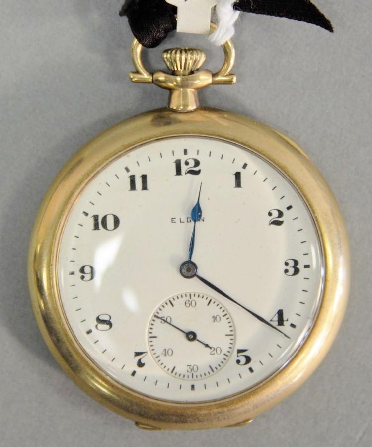 14k gold Elgin open face pocket watch, 46.8mm, total: 14k gold Elgin open face pocket watch, 46.8mm, total weight 59.7gr.