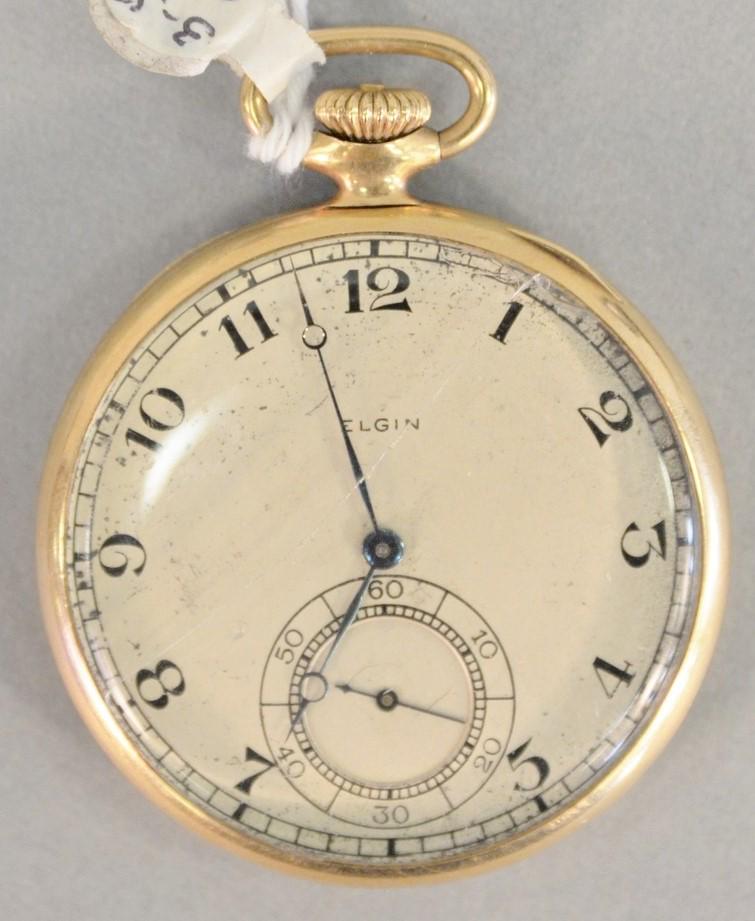 14k gold Elgin open face pocket watch, 43.6mm, total: 14k gold Elgin open face pocket watch, 43.6mm, total weight 50.4 gr.