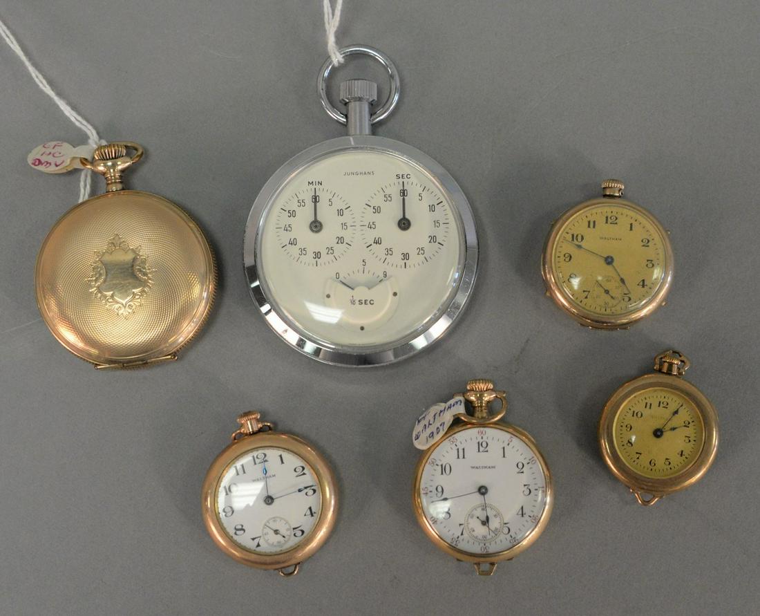 Six piece lot, five gold plated pocket and lapel: Six piece lot, five gold plated pocket and lapel watches along with a Junghans stopwatch.