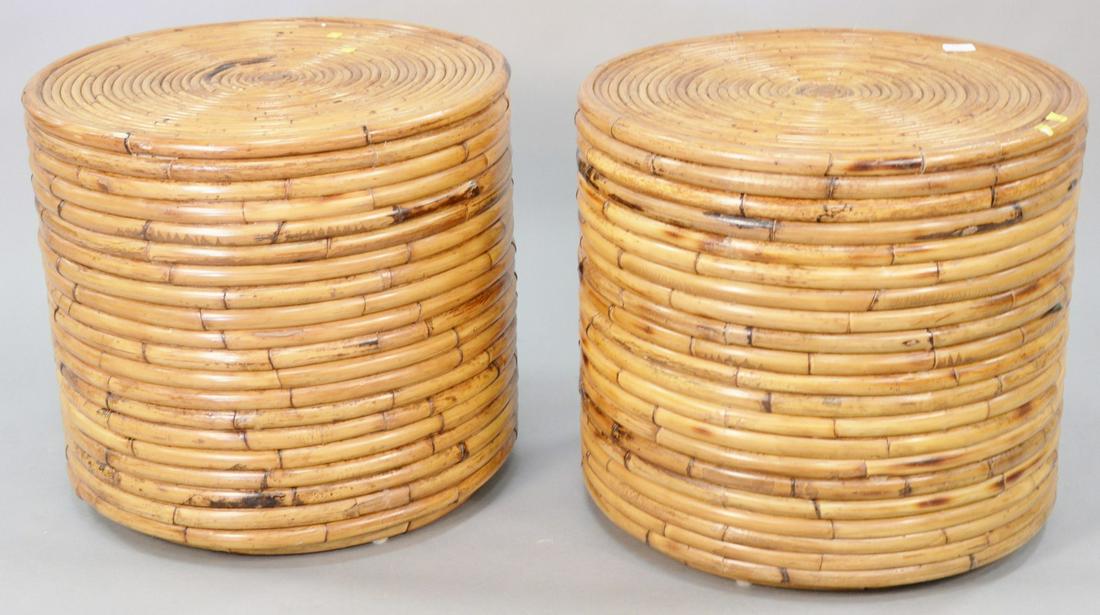 Pair rattan round stands, 22 1/2" h., Provenance: The: Pair rattan round stands, 22 1/2" h., Provenance: The Estate of Ed Brenner, Short Hills N.J.