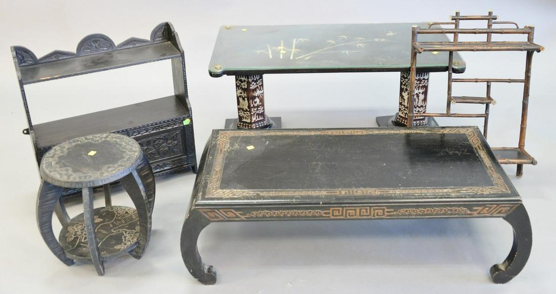 Six piece Asian lot, includes: a two-panel screen with: Six piece Asian lot, includes: a two-panel screen with bird carvings; two low tables, one with carved border, one with glass-top and mother of pearl inlay; two wall shelves and one low stool/stand wit