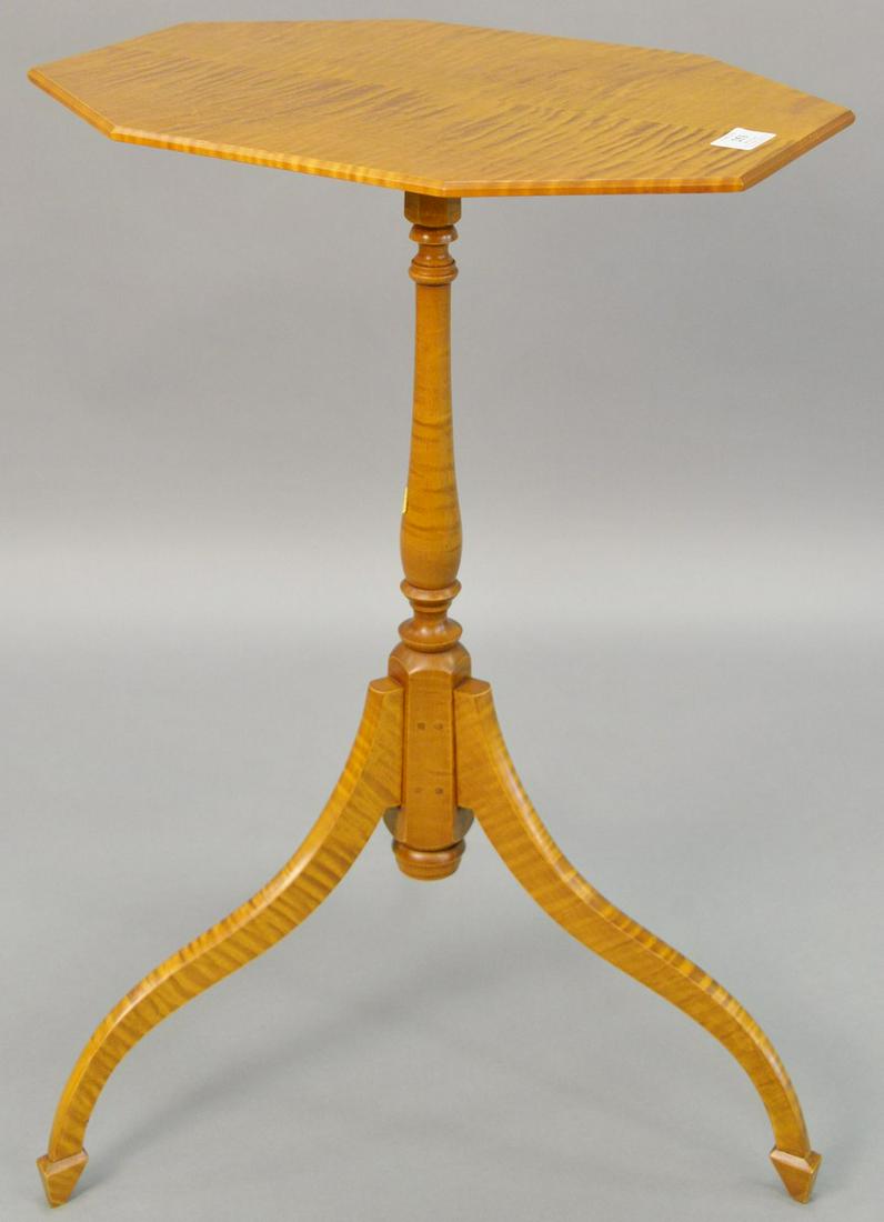 Eldred Wheeler tiger maple top candle stand, 28" h.,: Eldred Wheeler tiger maple top candle stand, 28" h., top 14" x 19 1/2".