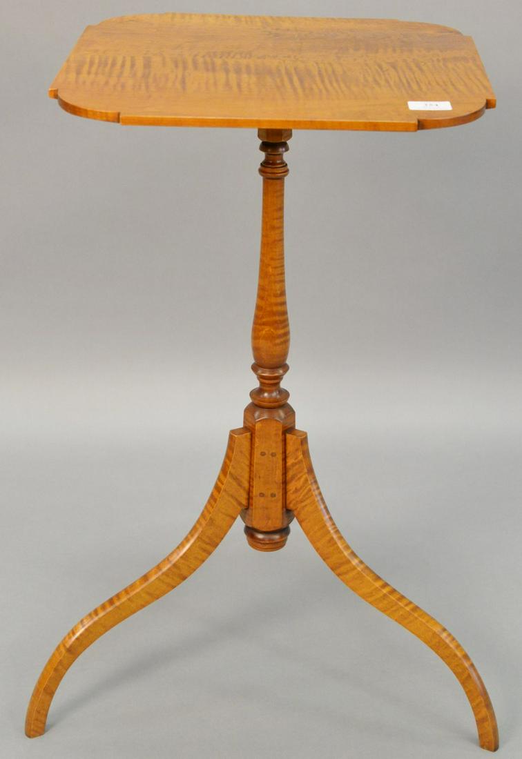 Eldred Wheeler tiger maple candle stand with shaped: Eldred Wheeler tiger maple candle stand with shaped top, 28" h., top 16 1/2" x 16 1/2".