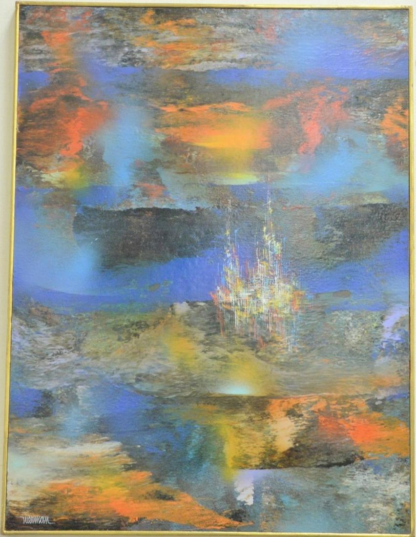 Leonardo Nierman, (Mexican, b. 1932), "Enchanted City",: Leonardo Nierman, (Mexican, b. 1932), "Enchanted City", oil on board, signed "Nierman" lower left, framed, Merrill Chase certificate of authenticity verso, 31 1/2" h. x 23 1/2" w.