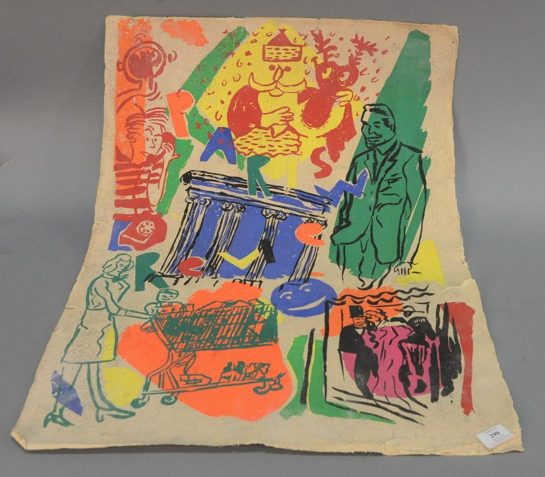 Kim Macconell (American, b. 1946), color silkscreen on: Kim Macconell (American, b. 1946), color silkscreen on paper, for "Paris Review", depicts collage of figures including woman with shopping cart and a santa, signed in pencil lower right, ed. 1/150, we