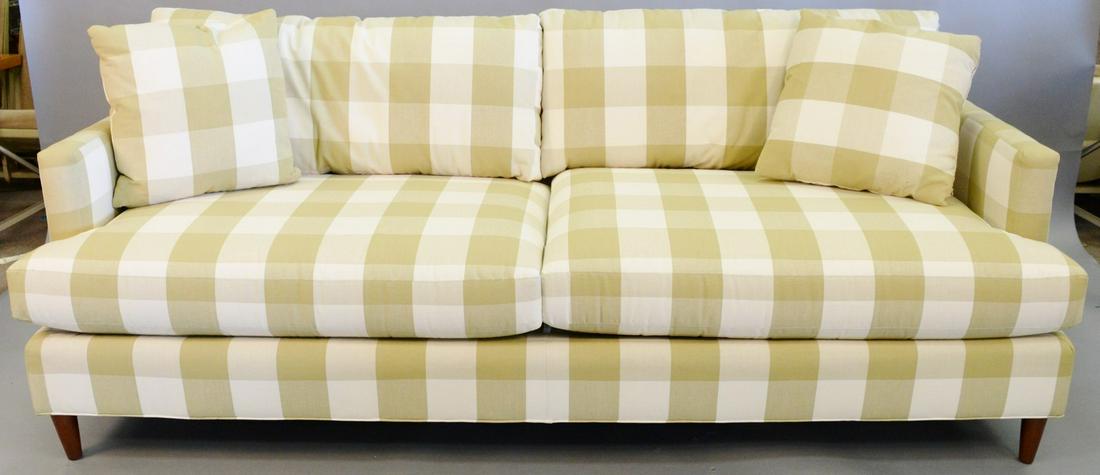 Taylor King upholstered sofa, green gingham pattern: Taylor King upholstered sofa, green gingham pattern with pair of matching throw pillows, light wear, 88" l. Provenance: The Estate of Andrew Wolf, New Haven, CT, Arts Chief.