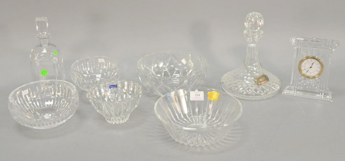Group of eight pieces of glass, including: two Val: Group of eight pieces of glass, including: two Val Saint Lambert Bowls, Waterford decanter, Orrefors decanter; Waterford clock and bowls, etc. [Provenance: Estate of William and Teresa Patton, Lake Av