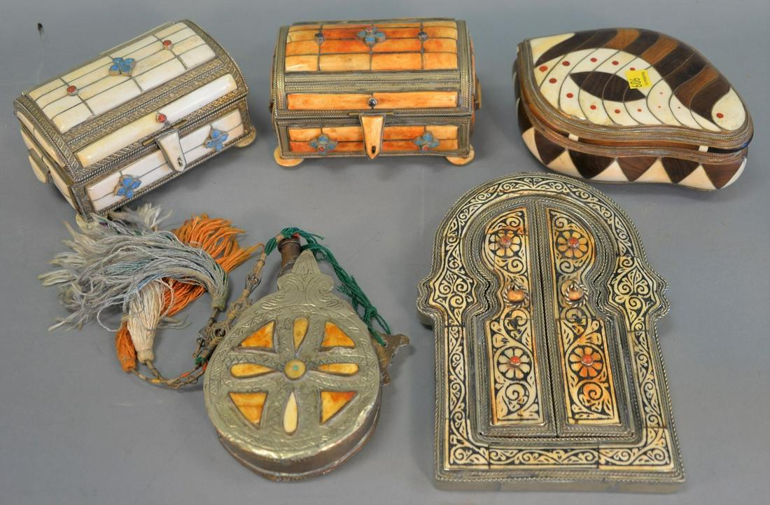 Five Moroccan bone and brass items including: three: Five Moroccan bone and brass items including: three boxes with leather interiors; a flask; and one tabernacle wall mirror with leather back, 9 1/4" h.