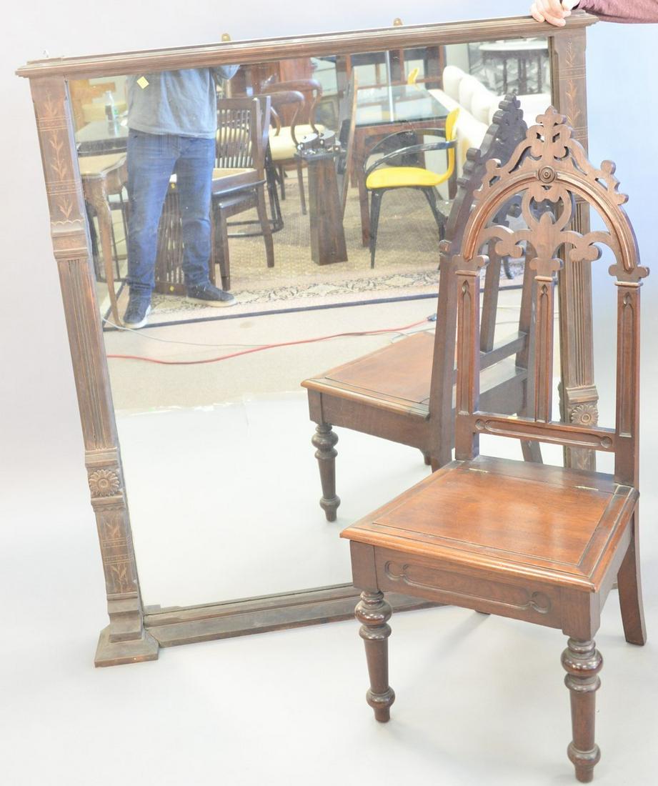 Two piece lot to include American Gothic style lift: Two piece lot to include American Gothic style lift seat chair, openwork back with scrolled motif, hinged lift-top seat, boldly turned front legs, ht. 49", wd. 21 1/2", dp. 19", along with large Victo