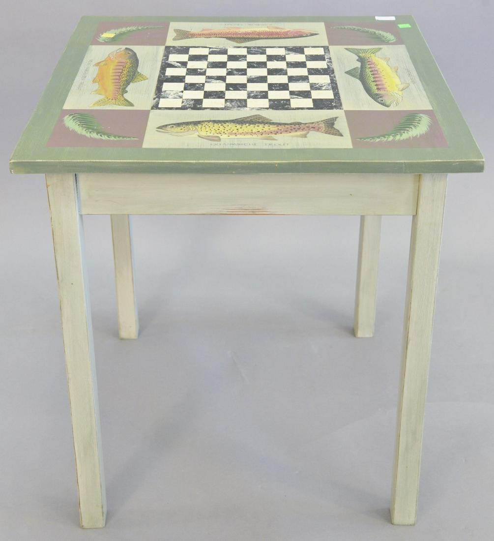 Game table painted with various trout, 26" h., top 24": Game table painted with various trout, 26" h., top 24" x 24", Provenance: Former home of Mel Gibson, Old Mill Rd, Greenwich, CT.