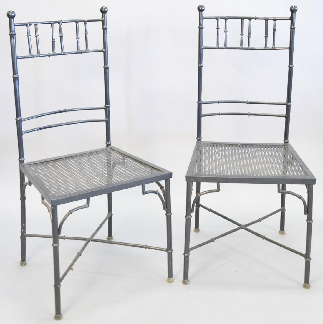 Black faux bamboo chairs, 12 powder coated metal, "X": Black faux bamboo chairs, 12 powder coated metal, "X" cross stretchers, 38 1/4" h. x 16" d. (seat). Provenance: Former home of Mel Gibson, Old Mill Rd, Greenwich, CT.