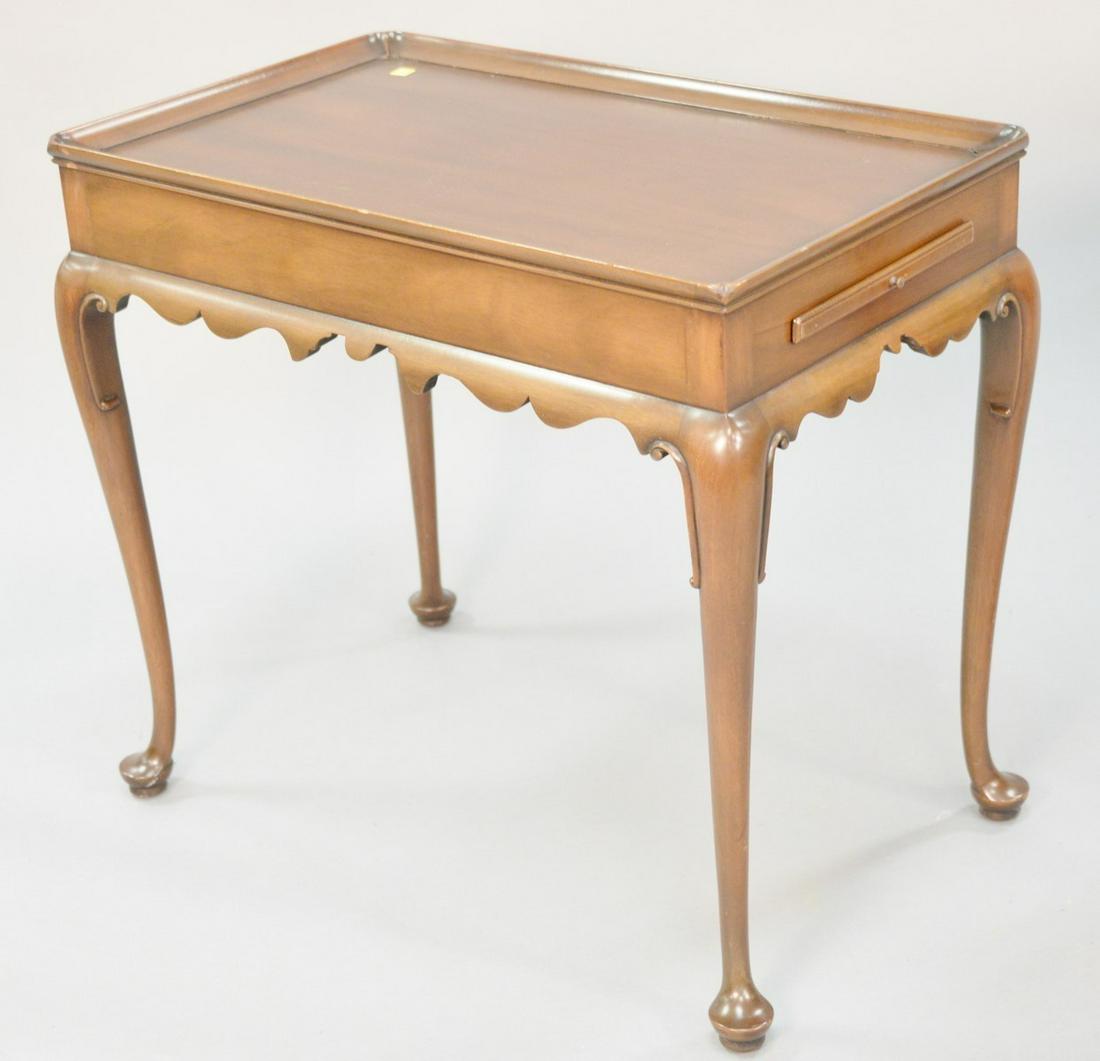 Kittenger custom mahogany Queen Anne style tea table: Kittenger custom mahogany Queen Anne style tea table with candle slides, 26 1/2" h., top 18" x 29".