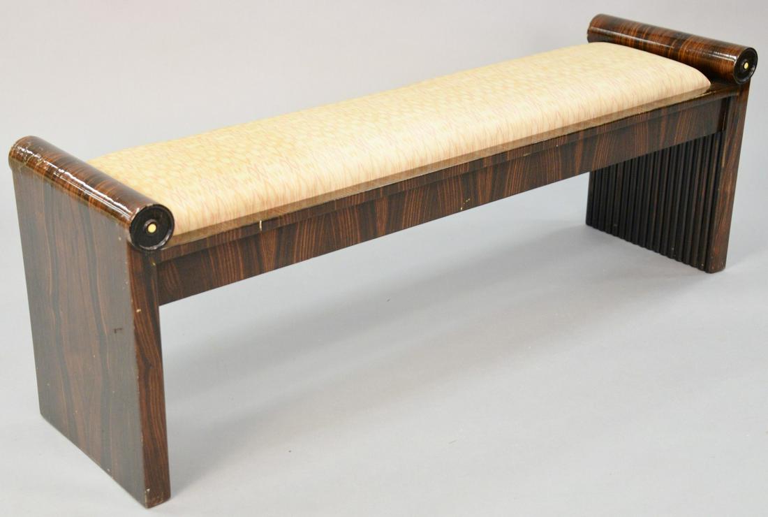 French Art Deco bench, c. 1925, rosewood and fabric: French Art Deco bench, c. 1925, rosewood and fabric upholstery, ht. 19", top 54", dp. 14 3/4".