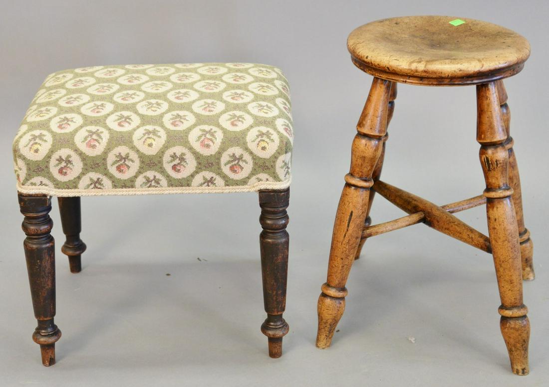 Two stools, including: one with tapered turned legs and: Two stools, including: one with tapered turned legs and embroidered cushion, 15"; and one with turned legs, "X" stretcher, and round seat, 18", Provenance: Former home of Mel Gibson, Old Mill Rd, Gree