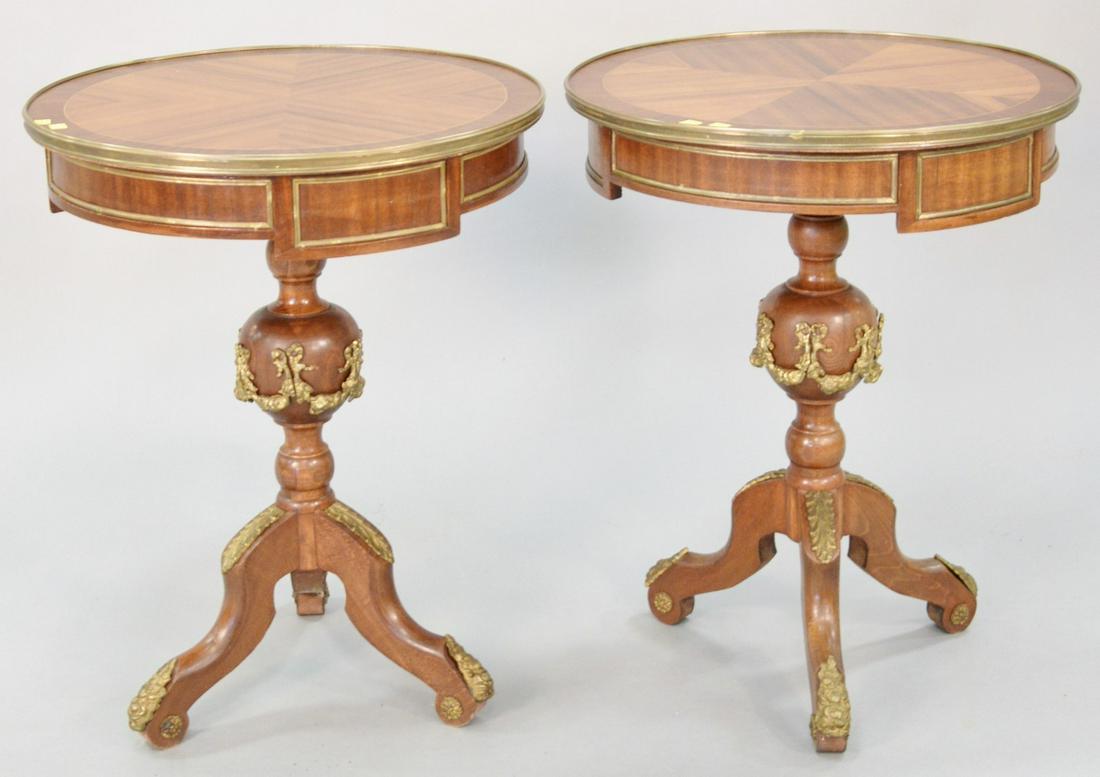 Pair of round, pedestal stands, ormolu mounted swags: Pair of round, pedestal stands, ormolu mounted swags and foliate designs, bulbous form shaft, terminating to three cabriole legs, ht. 29", dia. 23 1/2".