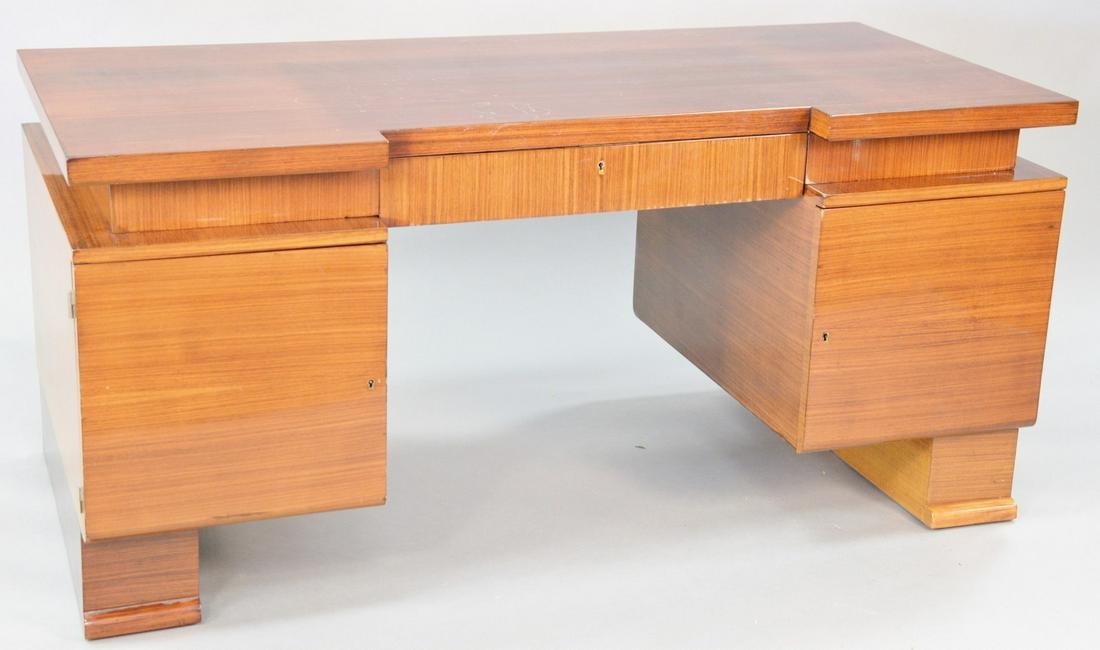 French art moderne desk, possibly Andre Sornay, c.: French art moderne desk, possibly Andre Sornay, c. 1940's, walnut, ht. 29 3/4", top 29 1/2" x 63".