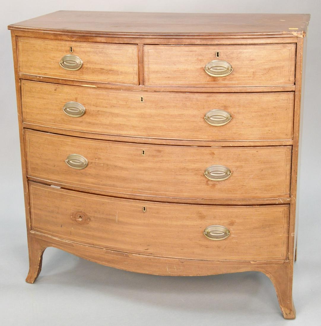 George III mahogany chest, bowed front, two short: George III mahogany chest, bowed front, two short drawers over three long drawers, on flaring French feet, damages and loss, ht. 42", wd. 42 1/2", dp. 21".
