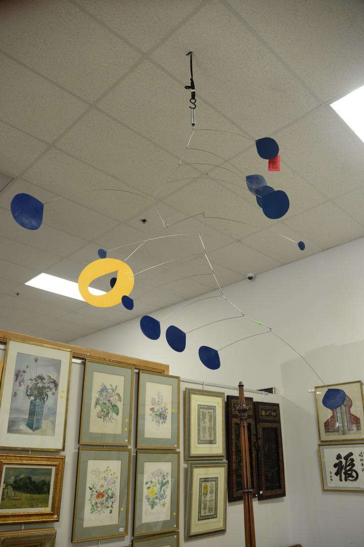 Whitmore Boogaerts (American, 20th C.) hanging mobile,: Whitmore Boogaerts (American, 20th C.) hanging mobile, blue and yellow, pencil initialed "WB. Provenance: The Estate of Andrew Wolf, New Haven, CT, Arts Chief.